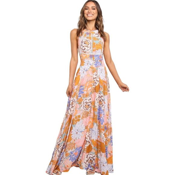 Orange Boho Floral Backless Lace up Sleeveless Maxi Dress w/Pockets! - Picture 5 of 15